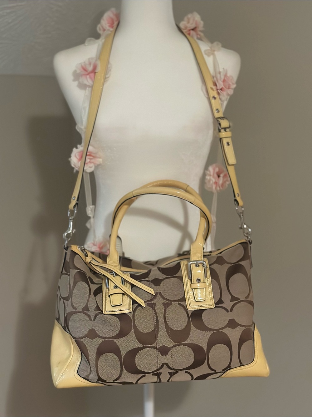 Coach Brown Logo Canvas Shoulder Bag with Yellow Trim